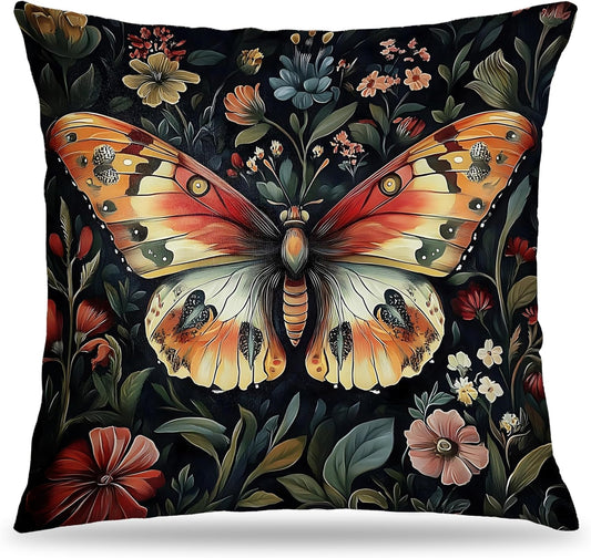 Colorful Floral Butterfly Pillow Covers 18x18, Retro Dark Cottagecore Wildflower Botanical Moth Decorative Throw Pillow Covers for Bedroom Living Room Home, Butterfly Room Decor