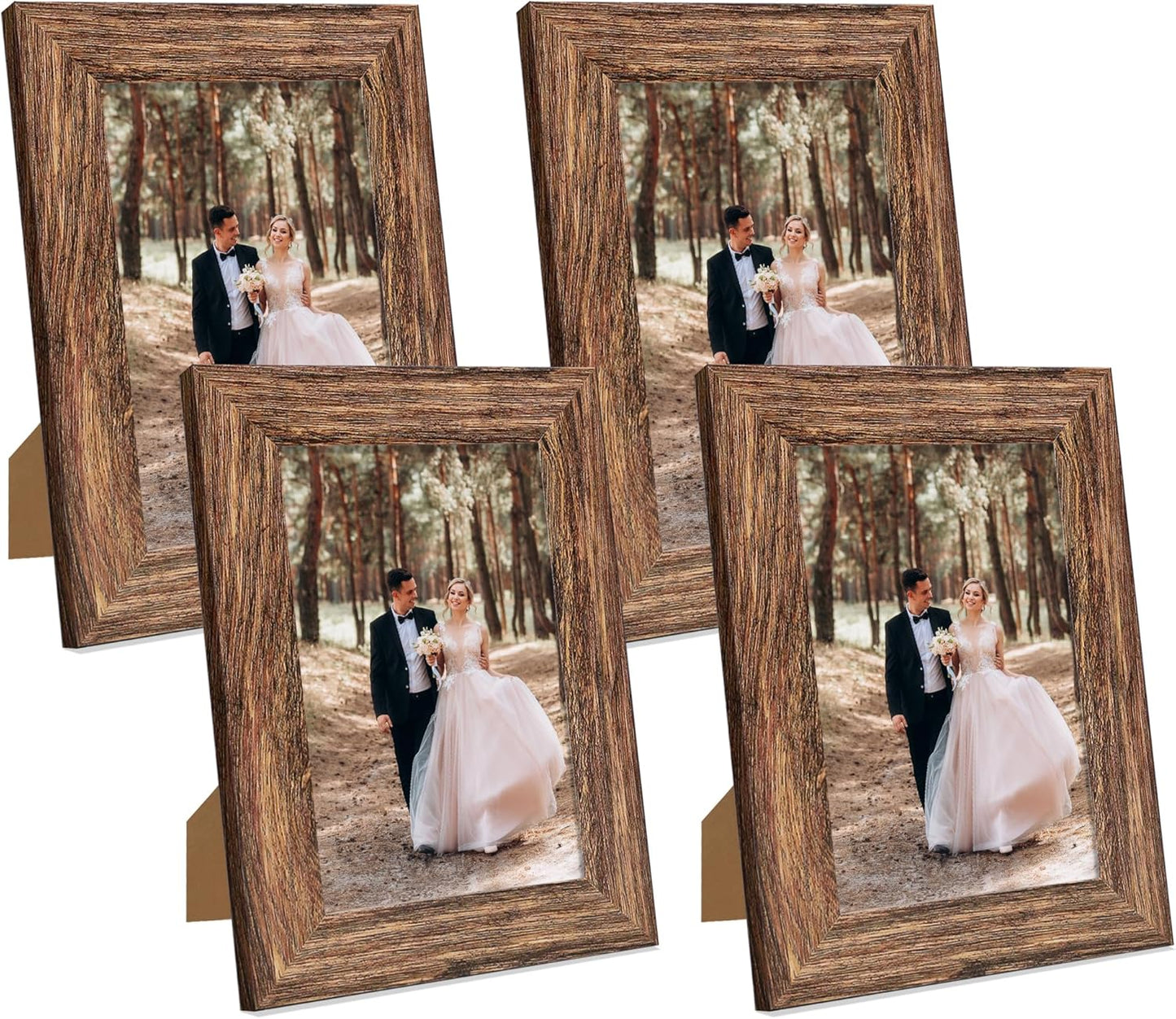 iRahmen 5x7 Picture Frame Set of 4, High Definition Glass Brown Frame, 5 x 7 Wood Rustic Photo Frames for Horizontal or Vertical Table Top and Wall Mounting
