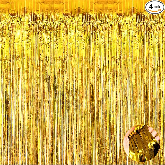 4 Pack Gold Foil Fringe Curtain Backdrop, 3.28Ft x 9.84Ft Metallic Tinsel Foil Fringe Streamers Curtains for Party, Photo Booth Props, Birthday, 2022 Graduation Decoration Supplies