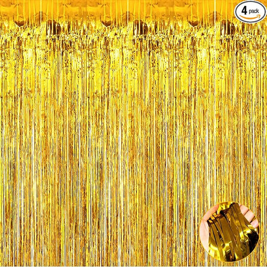 4 Pack Gold Foil Fringe Curtain Backdrop, 3.28Ft x 9.84Ft Metallic Tinsel Foil Fringe Streamers Curtains for Party, Photo Booth Props, Birthday, 2022 Graduation Decoration Supplies