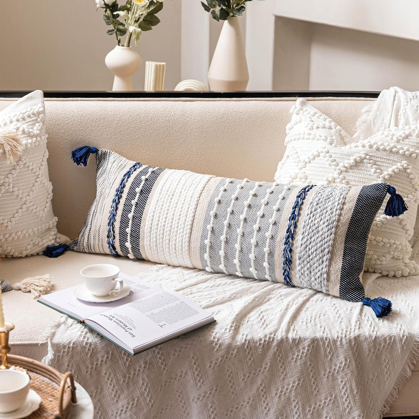 BlissBlush Navy Dark Blue Boho Decorative Lumbar Pillow Cover 14x36, Long Body Pillow for Bed, Accent Lumbar Throw Pillow for Couch, Modern Farmhouse Textured Pillowcase