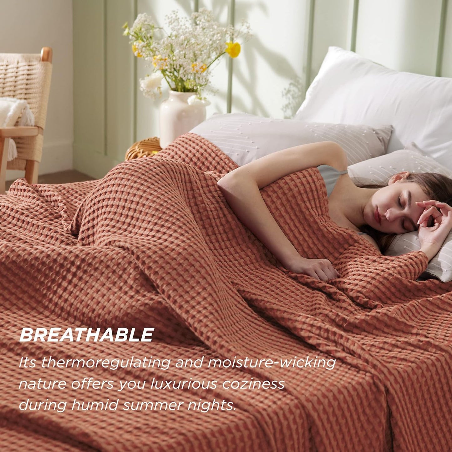 Bedsure Cooling Cotton Waffle Weave Blanket - Lightweight Breathable Blanket of Rayon Derived from Bamboo for Hot Sleepers, Luxury Throws for Bed, Couch and Sofa, Red Orange, 50x70 Inches