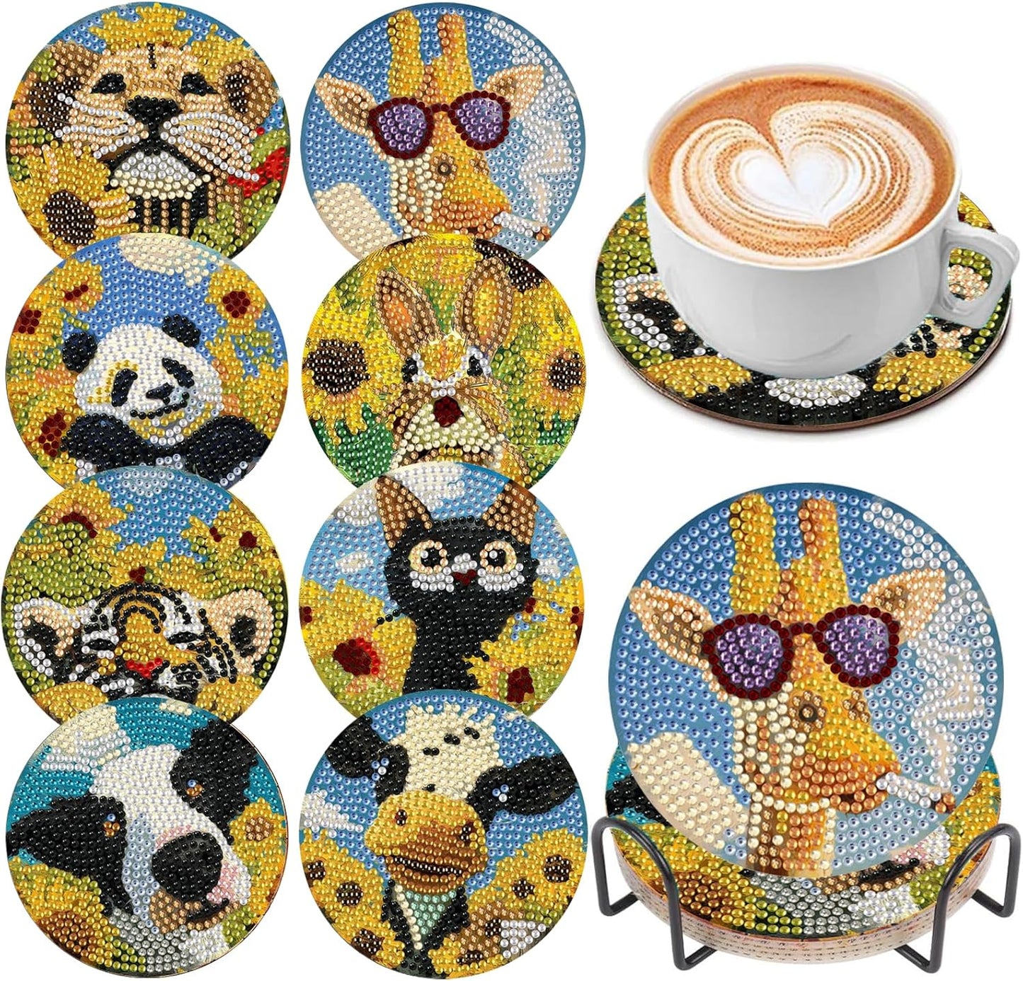 DOZEEZOP 8 PCS Animal Diamond Art Coasters Kit, Sunflower 5D Diamond Painting Coasters with Holder, Fall Small Diamond Art Kits for Adults Beginners, Diamond Dots Arts and Crafts Supplies