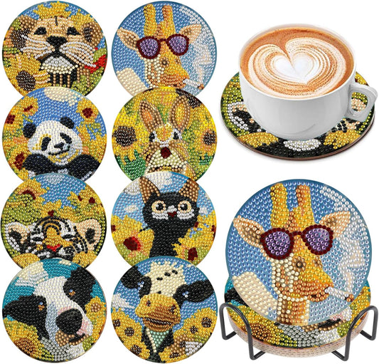 DOZEEZOP 8 PCS Animal Diamond Art Coasters Kit, Sunflower 5D Diamond Painting Coasters with Holder, Fall Small Diamond Art Kits for Adults Beginners, Diamond Dots Arts and Crafts Supplies