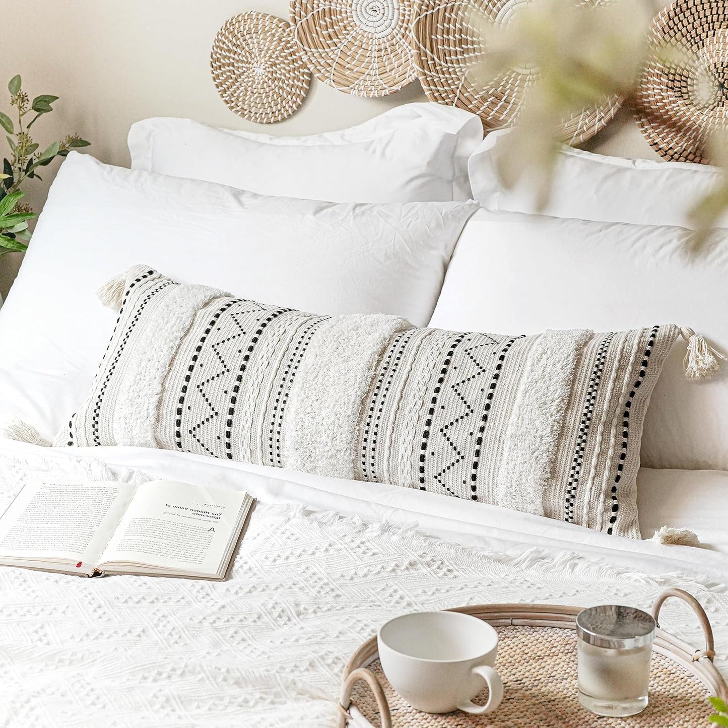 BlissBlush Black Neutral Decorative Lumbar Throw Pillow Cover 14x36 Boho Long Cushion for Bed Accent Farmhouse Pillowcase for Bedroom Living Room Couch Sofa Home Décor (Cover ONLY, Pack of 1)