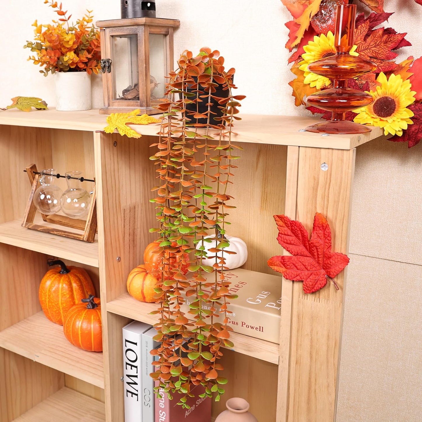 Der Rose 1Pcs Fake Fall Plants Hanging Orange Artificial Potted Faux Eucalyptus Plant Decorations for Fall Thanksgiving Bathroom Table Centerpiece Wall Kitchen Room Decor Indoor and Outdoor