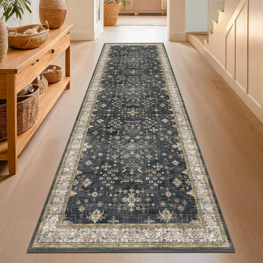 Black Washable 10ft Long Runners for Hallways, 2'6"x10' Wide Kitchen Runner Rug, Entryway Indoor Rug, Non Slip Rubber Backing Boho Vintage Floor Decor
