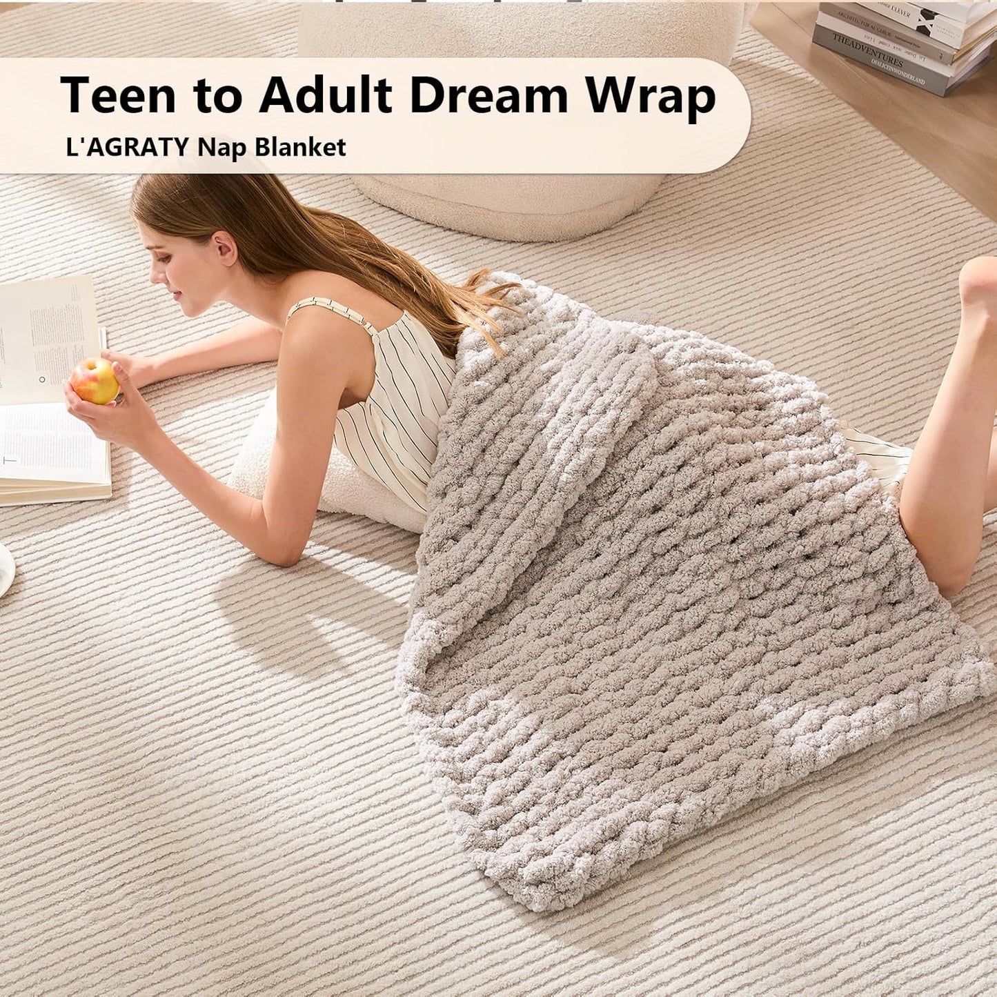 L'AGRATY Chunky Knit Blanket Throw: 30''x40'' Chenille Knitted Throw Blankets for Bed Couch - Handmade Thick Big Cable Knot Blanket - Large Chunky Crochet Rope Blankets for Home Decor(Grey)