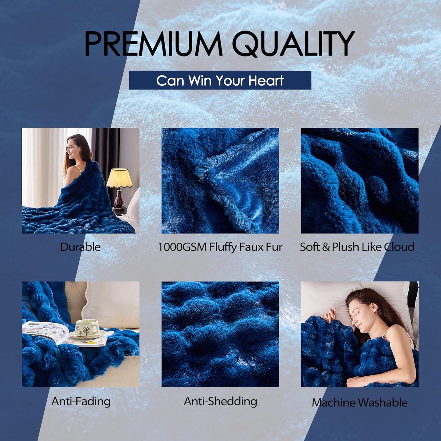 Luxury 1000GSM Faux Rabbit Fur Throw Blanket, Super Heavy Warm Cozy Blankets for Couch Bed Sofa, Bubble Plush Fuzzy Elegant Soft Reversible Mink Blanket for Living Room Bedroom, Navy Blue