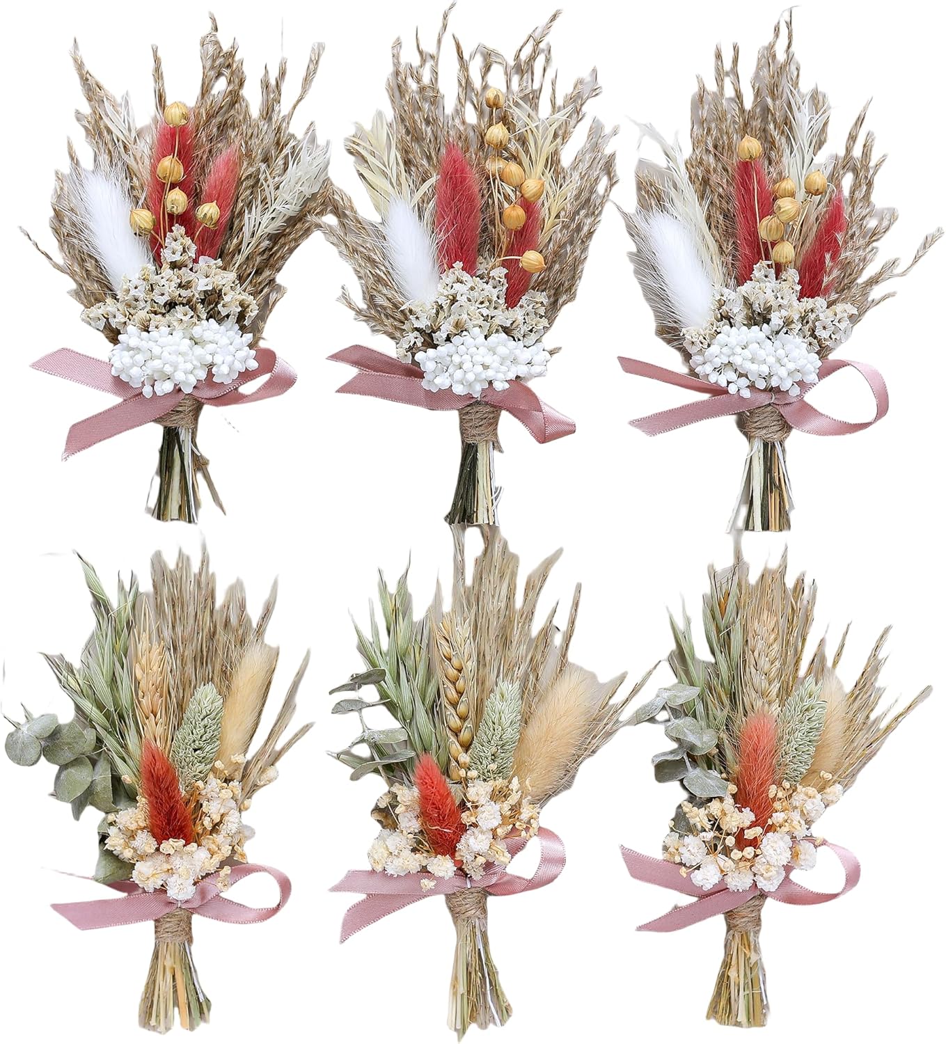 Mini Dried Flower Bouquet (Pack of 6) Suitable for wedding party dinner plate decoration, small dried flowers for crafts, birthday cake bridesmaid gift box, envelope decoration.(Dark Orange)