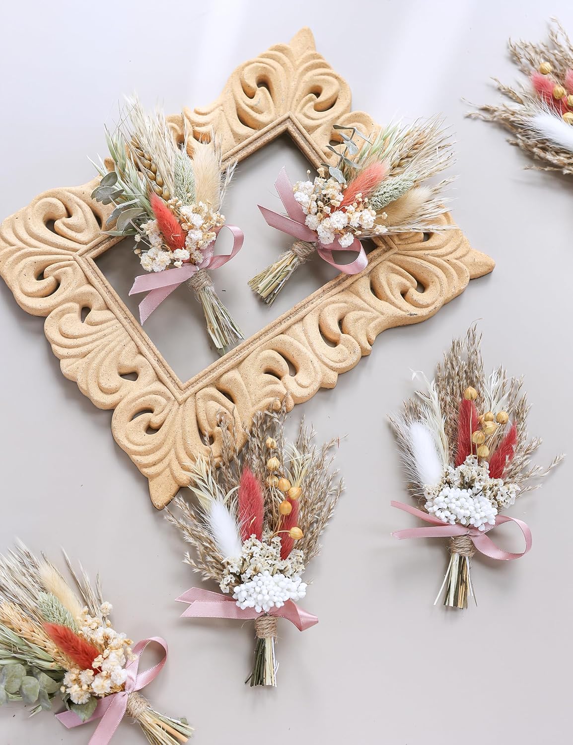 Mini Dried Flower Bouquet (Pack of 6) Suitable for wedding party dinner plate decoration, small dried flowers for crafts, birthday cake bridesmaid gift box, envelope decoration.(Dark Orange)