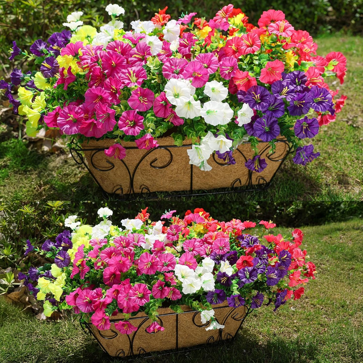 HyeFlora Artificial Flowers for Outdoors Fake Plants Outside Decoration, 12 Bundles Silk Colorful Morning Glory with Eucalyptus UV Resistant Realistic Faux Flowers for Planter Porch Patio Yard Garden