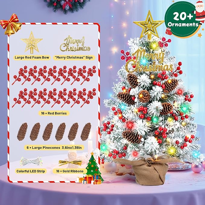 24 Inch Tabletop Christmas Tree with Colorful LED Lights, Snow Flocked Mini Xmas Tree with Ornaments, Pinecones, Berries, Burlap Pot Base, Battery Powered for Holiday Decor Office, Indoor Display