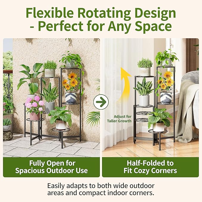 Corner Shelf Patio 7 Tier Metal Plant Stand Indoor Outdoor Tall Metal Flower Pot Stands for Multiple Plants Heavy Duty Plant Shelf Black Kite