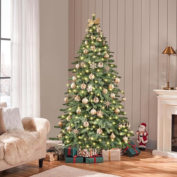 Yaheetech 7.5ft Pre-Lit Christmas Fir Tree with 550 Warm LED Lights & 1278 PVC Tips,Hinged Holiday Decorative Tree with Foldable Stand & Protective Foot Caps,Green