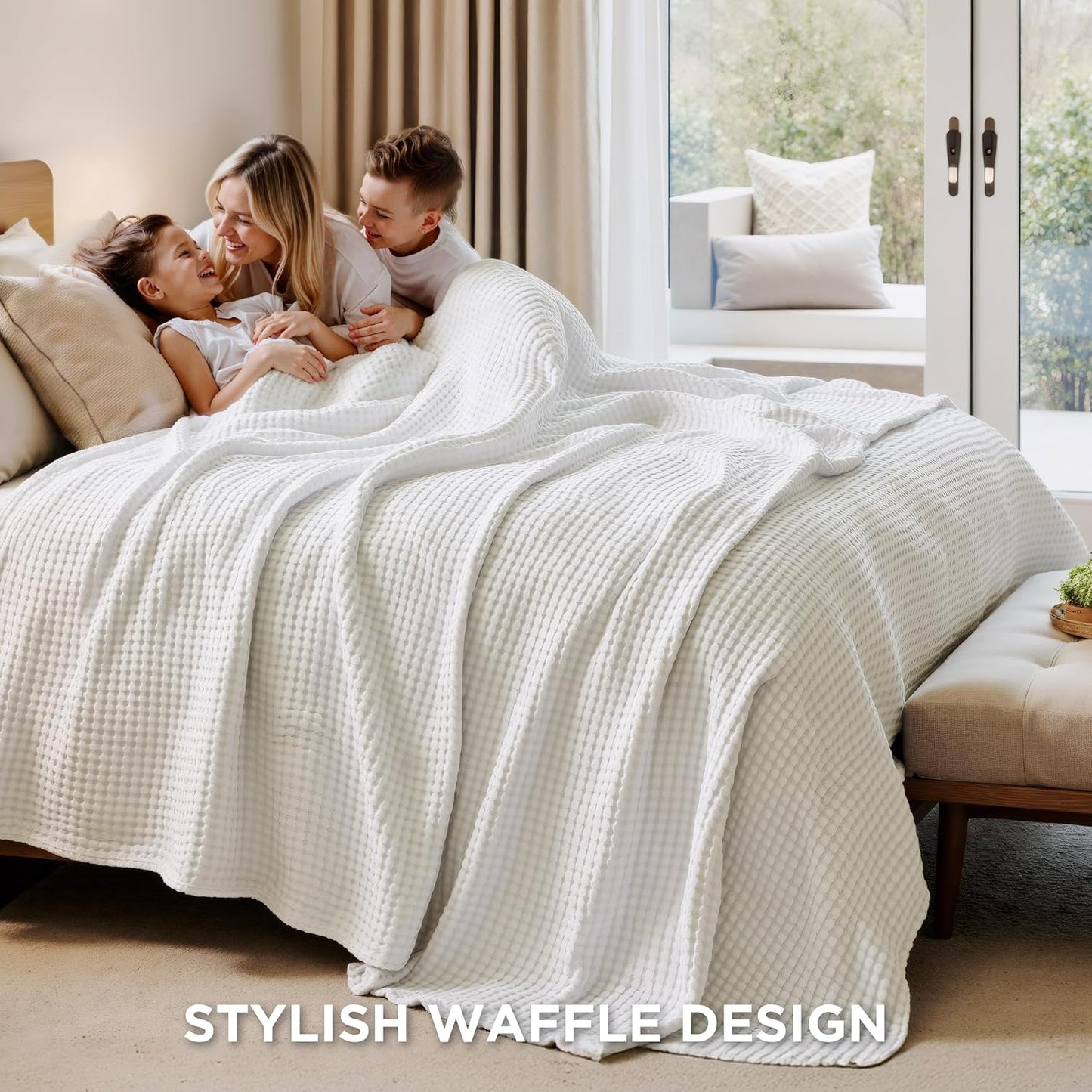 Bedsure Cooling Cotton Waffle Queen Size Blanket - Lightweight Breathable Summer Soft Blanket of Rayon Derived from Bamboo for Hot Sleepers, Luxury Throws for Bed, Couch and Sofa, Ivory, 90x90 Inches