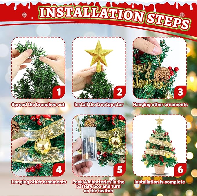 2FT Tabletop Mini Christmas Tree, 24 Inch Small Artificial Christmas Tree with Silk Ribbon Light, Star Treetop, DIY Ornaments, New Xmas Pine Tree Decoration for Kid Friend Family Holiday Home Office