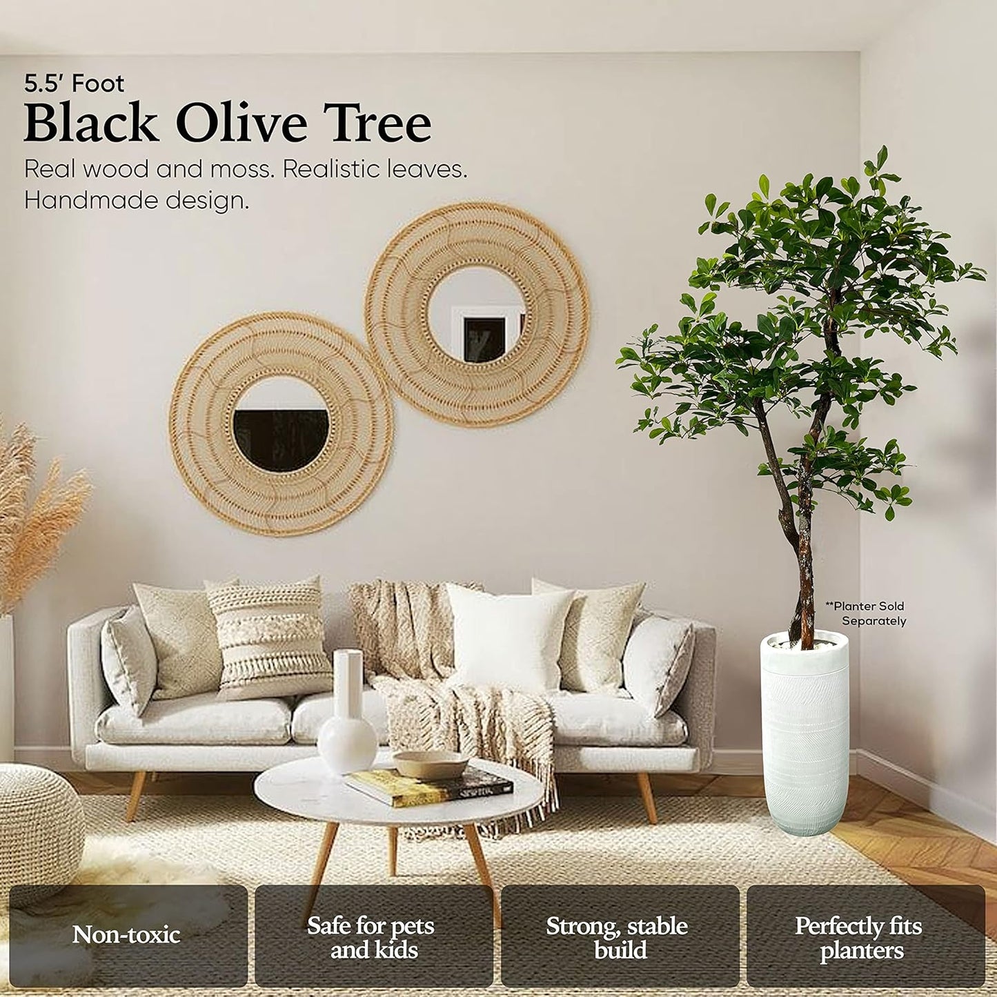 Cypress & Alabaster Handmade 5ft 3-Tier Black Olive Leaf Artificial Tree with Ethically Sourced Real Wood Trunks, Hypoallergenic, 5-Foot, Green