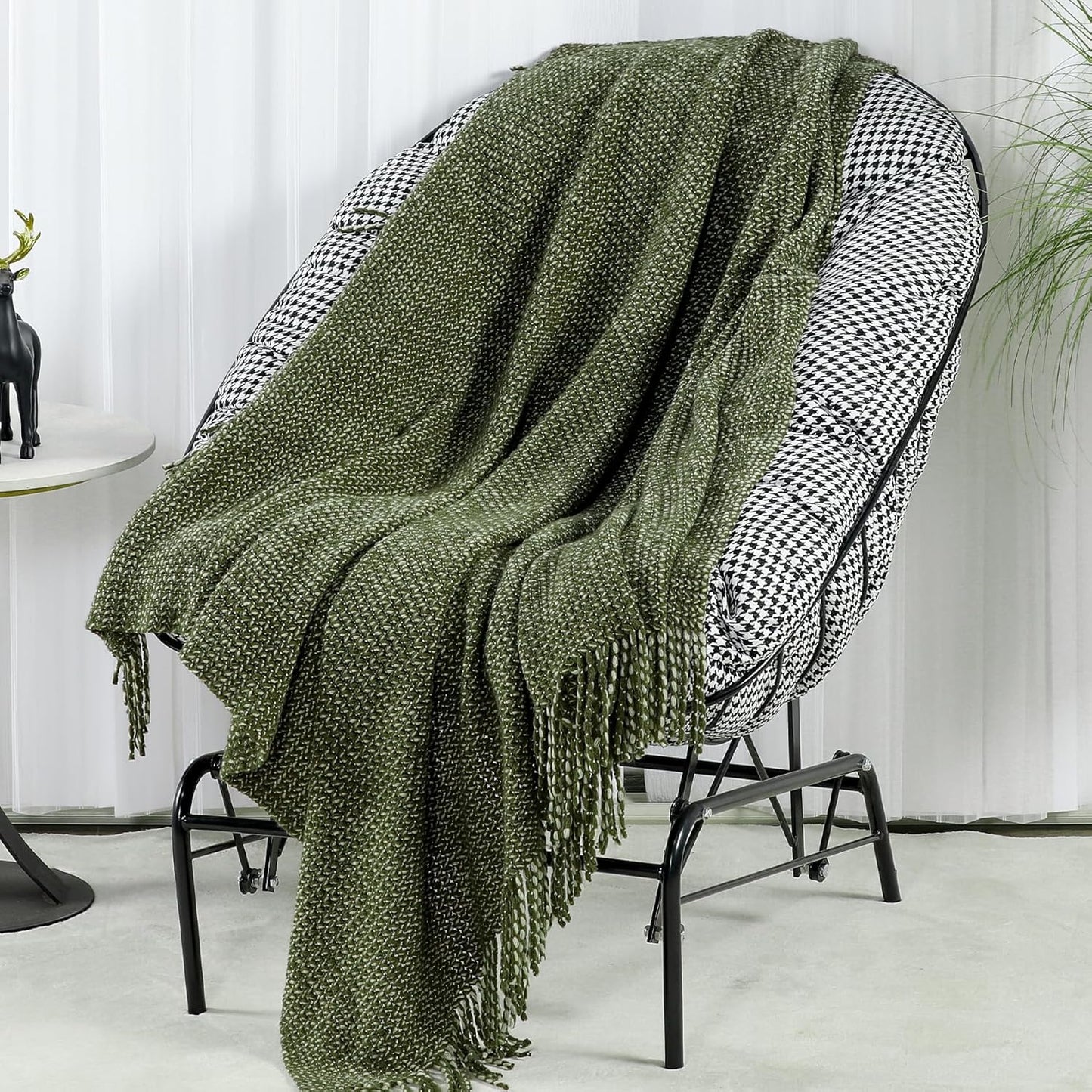 Blagic Knitted Throw Blanket for Couch, Soft Farmhouse Throw Blanket with Tassels,Home Decorative Lightweight Blankets,Spring Throws for Bed/Chair/Sofa,Wheat Textured (Green & White,60" W x 80" L)