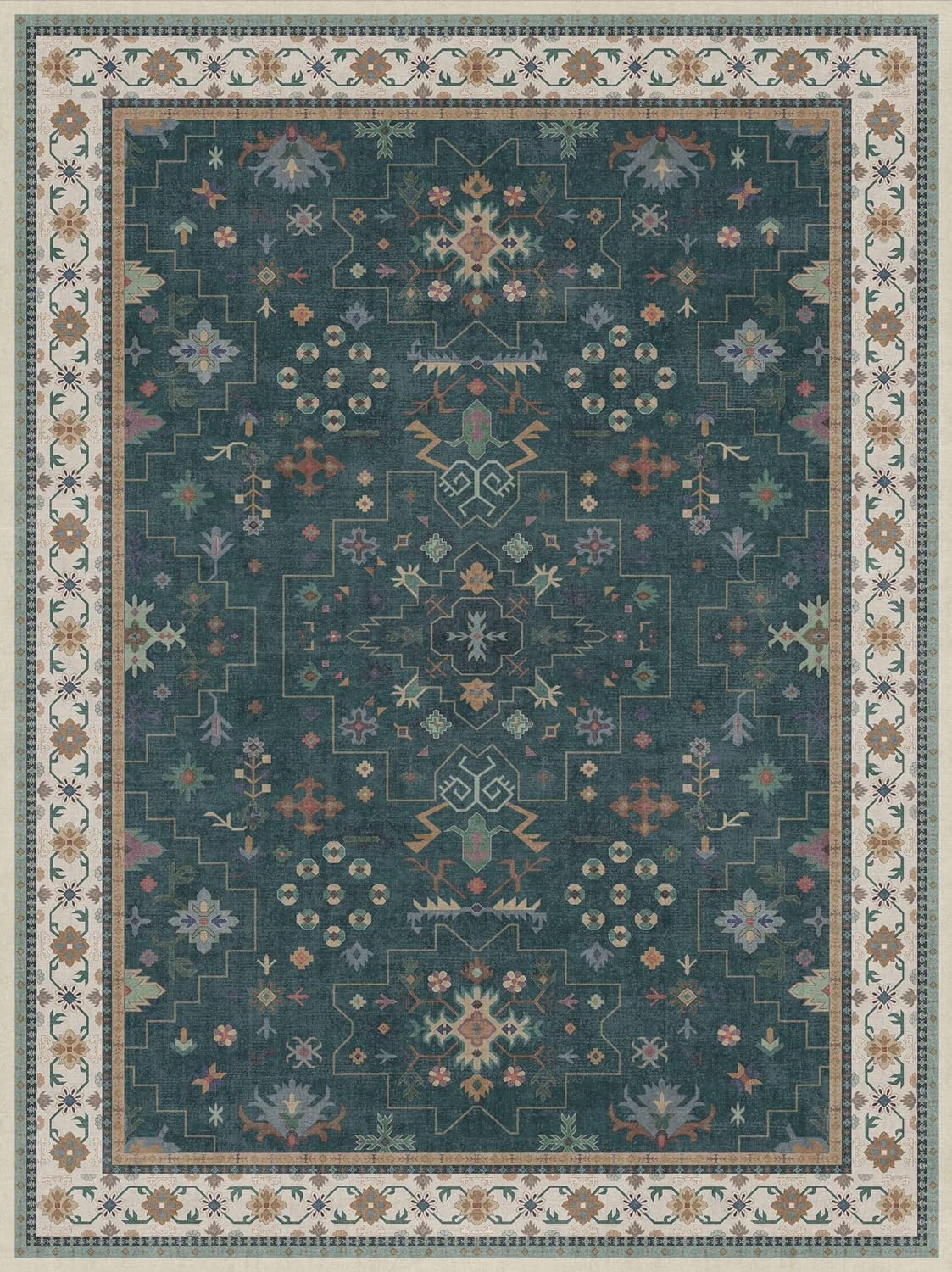 Dark Green Vintage Living Room Rug 9x12 - Boho Unique Floral Victorian Decor, Washable Low Pile Non-Slip Extra Large Area Rugs for Dining Under Table Bedroom