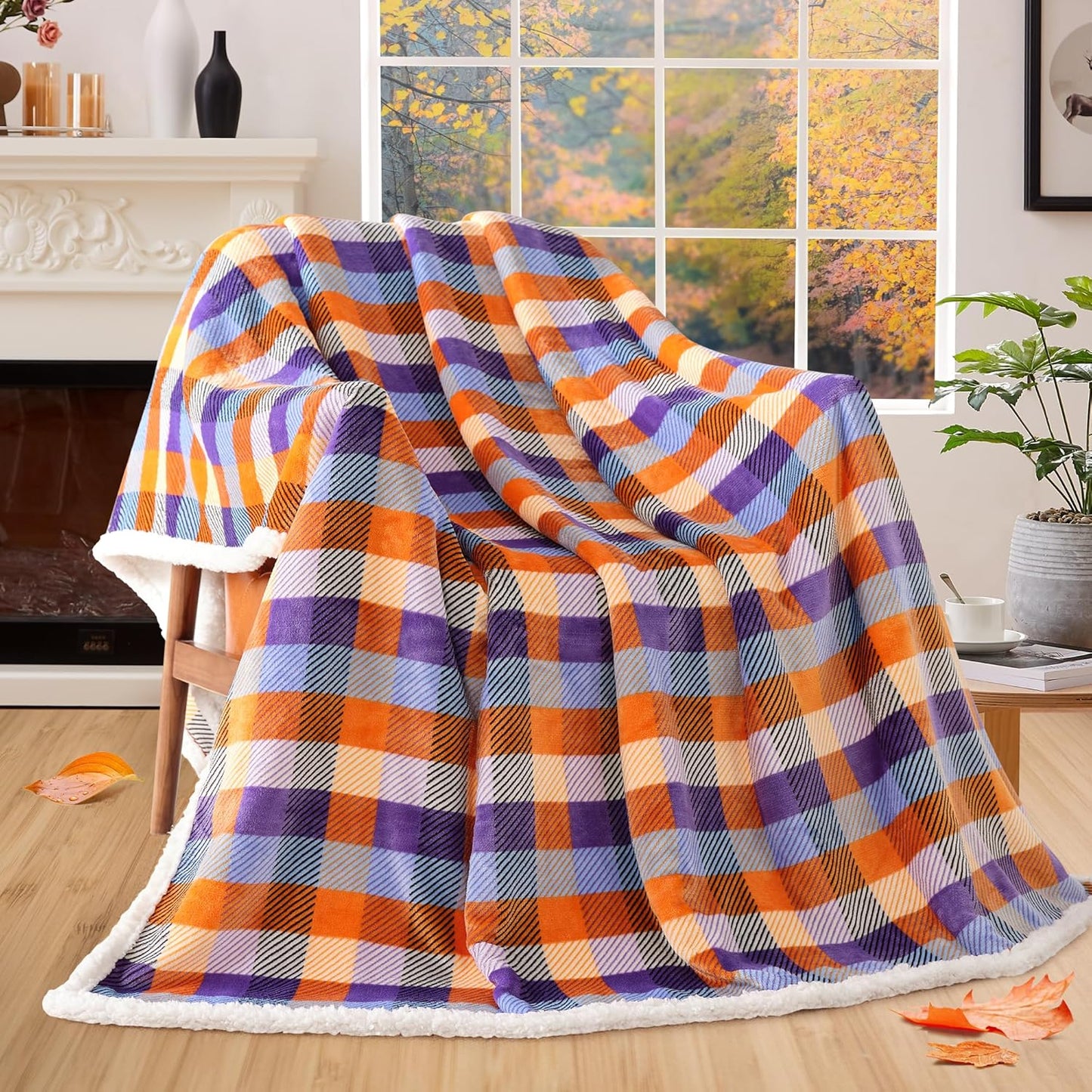 BEAUTEX Sherpa Fleece Flannel Throw Blanket, Fall Super Soft Warm Checkered Plaid Plush Blankets and Throws, Warm Autumn Winter Cozy Fuzzy Blanket for Couch Sofa Bed (Orange and Purple, 50" x 60")