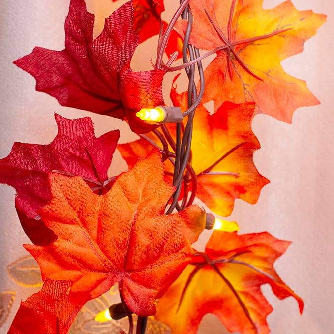 Thanksgiving Fall Decorations for Home Maple Leaf String Lights, 9.16FT Fall Leaves Garland with Lights 50 Bulbs Lighted Fall Garland Lights for Halloween Fall Decor Outdoor Thanksgiving Mantle