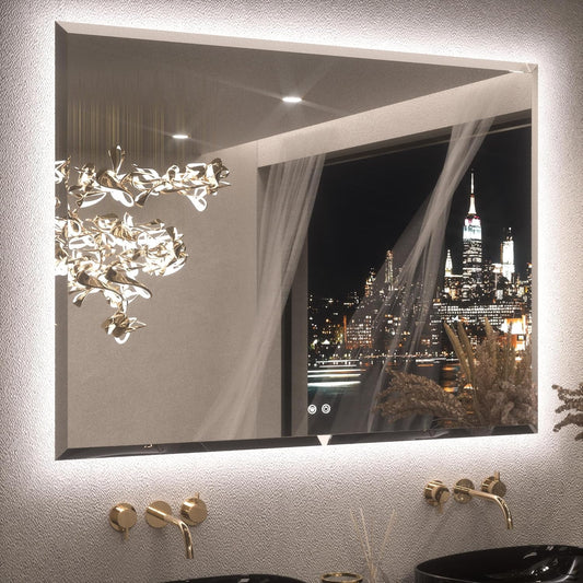 Keonjinn 48 x 36 Inch Large LED Bathroom Mirror with Backlight, Backlit Mirror with Beveled Edge, Safe Tempered Glass, UL-Listed Power Driver, 3 Color Lights, Safe Defogging, Memory Function