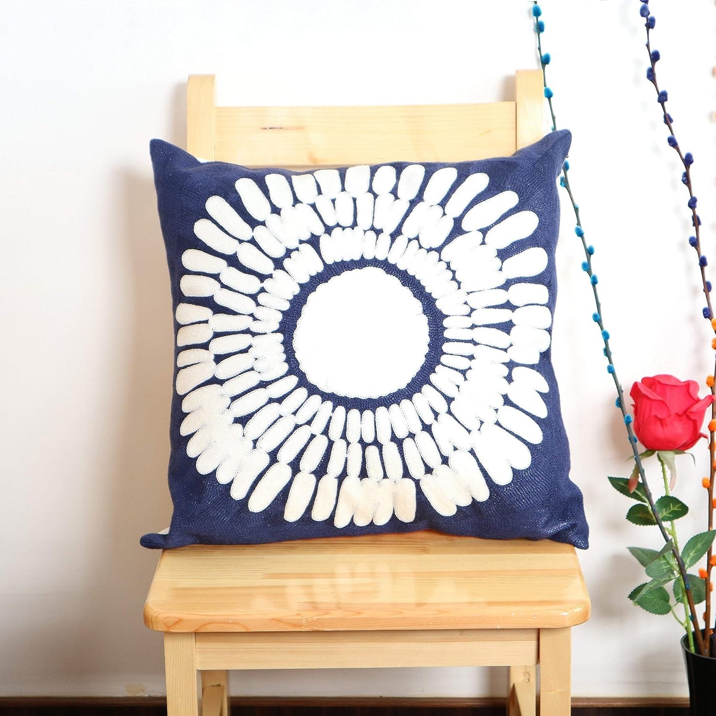 Embroidery Throw Pillow Covers 18x18 Home Decor Floor Pillows Cover 100% Cotton Cushion Cover Throw Pillow Case for Couch Dark Blue Sunflower Embroidered Pillow 45x45cm, Navy Blue, 1 Piece