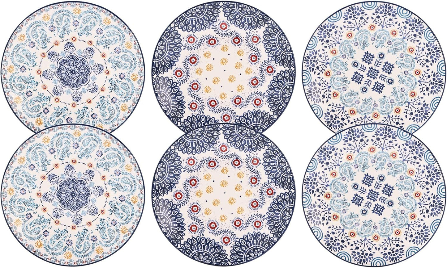 Bico Blue Talavera Appetizer Plates Set of 6, 6 Inch Small Ceramic Dessert Plates for Snacks, Salad, Tablescape, Microwave and Dishwasher Safe, Gift for Housewarming and Thanksgiving