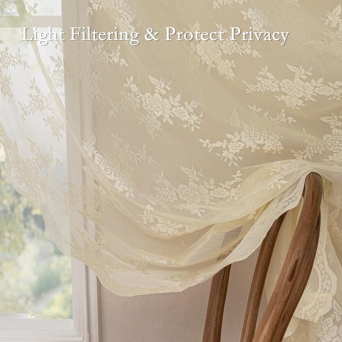 MEETSKY Lace Sheer Curtains 84 Inch Long 2 Panels Set Vintage French Victorian Spring Floral Pattern Design Light Filtering Back Tab Rod Pocket Drapes for Living Room, 50" W Each Panel, Light Yellow