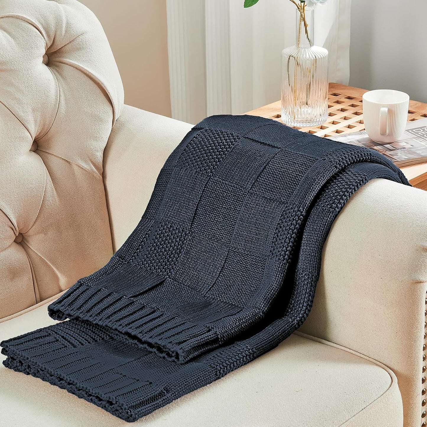 CozeCube Check Knit Throw Blanket, Midnight Navy Checkered Throw for Couch, Decorative Christmas Soft Cozy Warm Knitted Blanket for Bed Sofa Living Room, 60"X80"