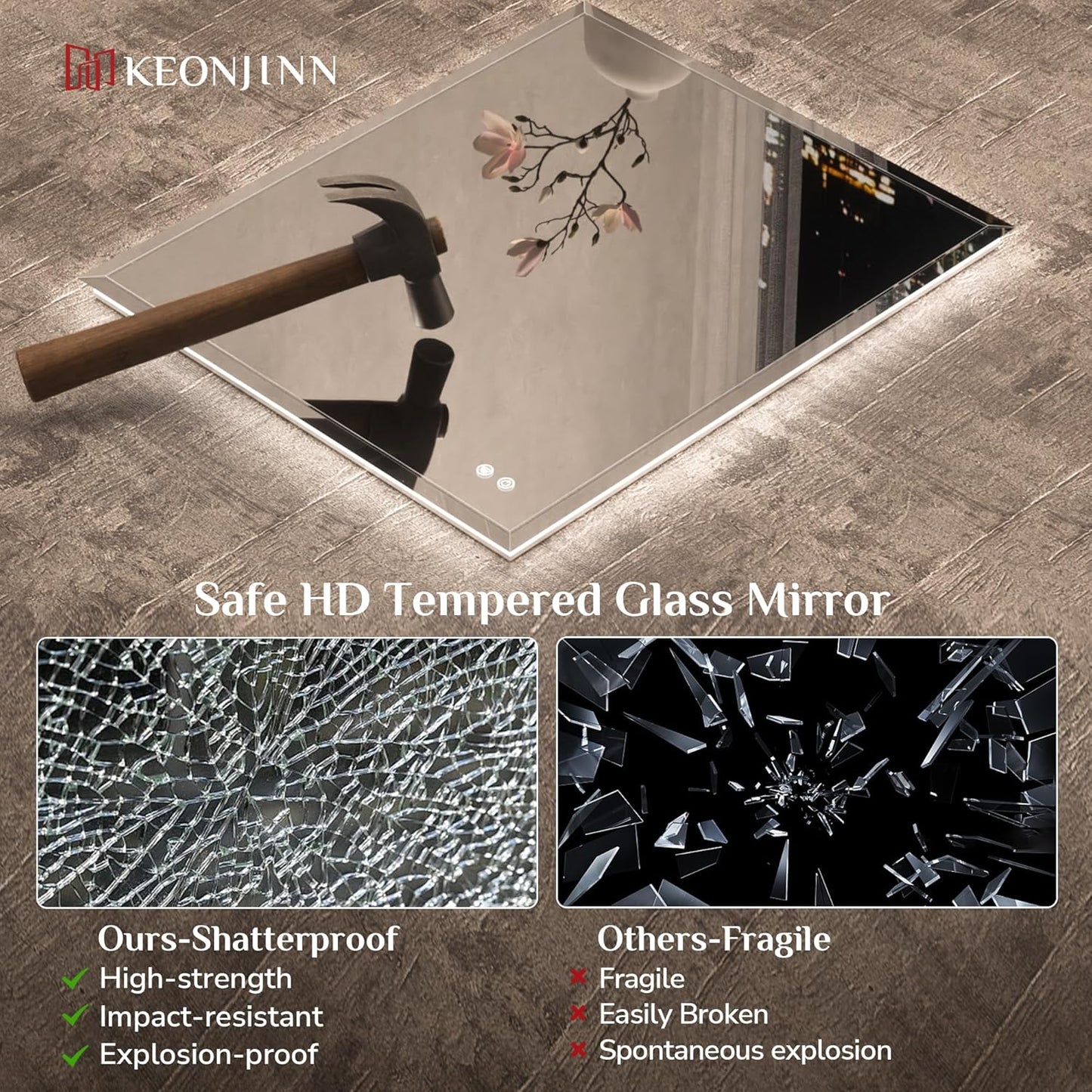 Keonjinn 60 x 36 Inch Oversized Backlit Bathroom Mirror, Large LED Mirror for Bathroom, Decorative Beveled Edge, Tempered Glass, UL-Listed, 3 Color Lights, Defogging, Lighted Wall Mount Vanity Mirror