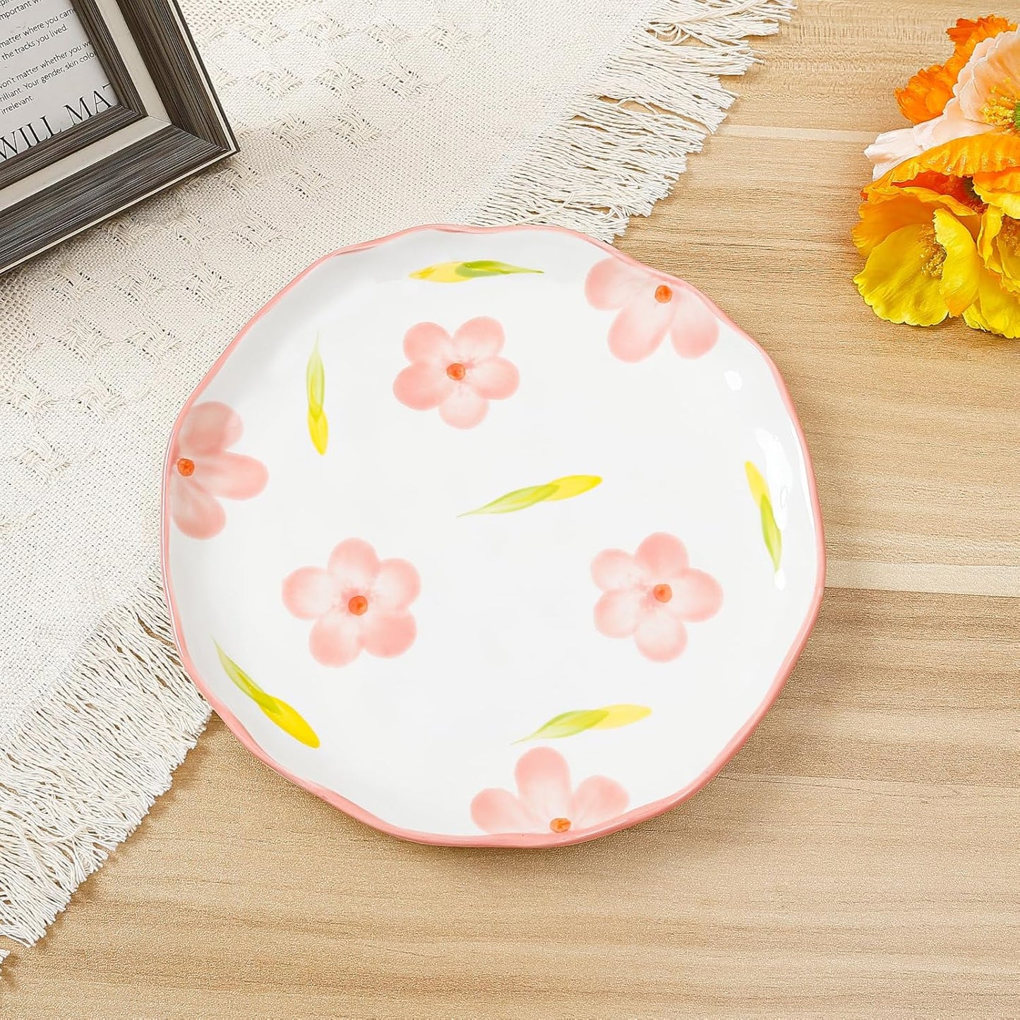Koythin Ceramic Dessert Plates, Cute Fruits Dinner Plate, Creative Plates Design, Printed Flowers Dinnerware for Office and Home, Kitchen Plates for Desserts (Pink Large Petals)