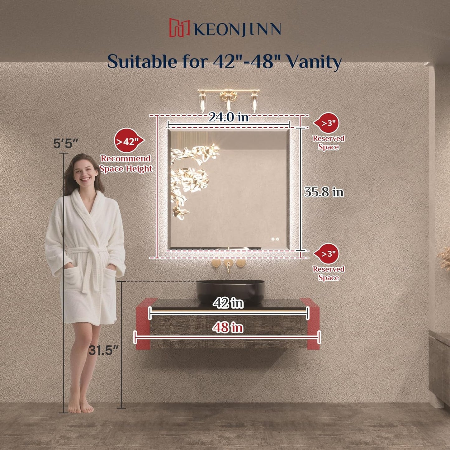Keonjinn 36 x 36 Inch Square LED Mirror with Backlight, Backlit Bathroom Mirror Beveled Edge, HD Tempered Glass, UL-Listed LED Driver, 3 Color Lights, Safe Defogging, Dimmable, Decorative Mirror