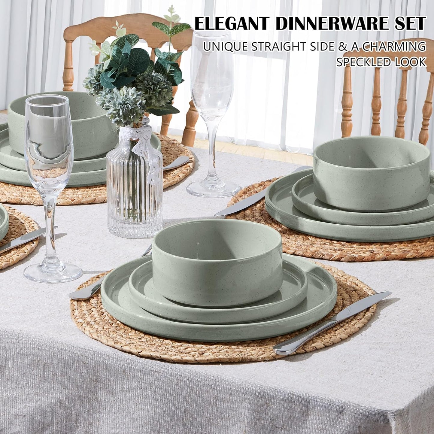 E-far Stoneware Dinnerware Sets, 12-Piece Plates and Bowls Dish Set for 4, Kitchen Modern Dinning Ware, Chip and Scratch Resistant, Microwave & Dishwasher Safe, Speckled Green