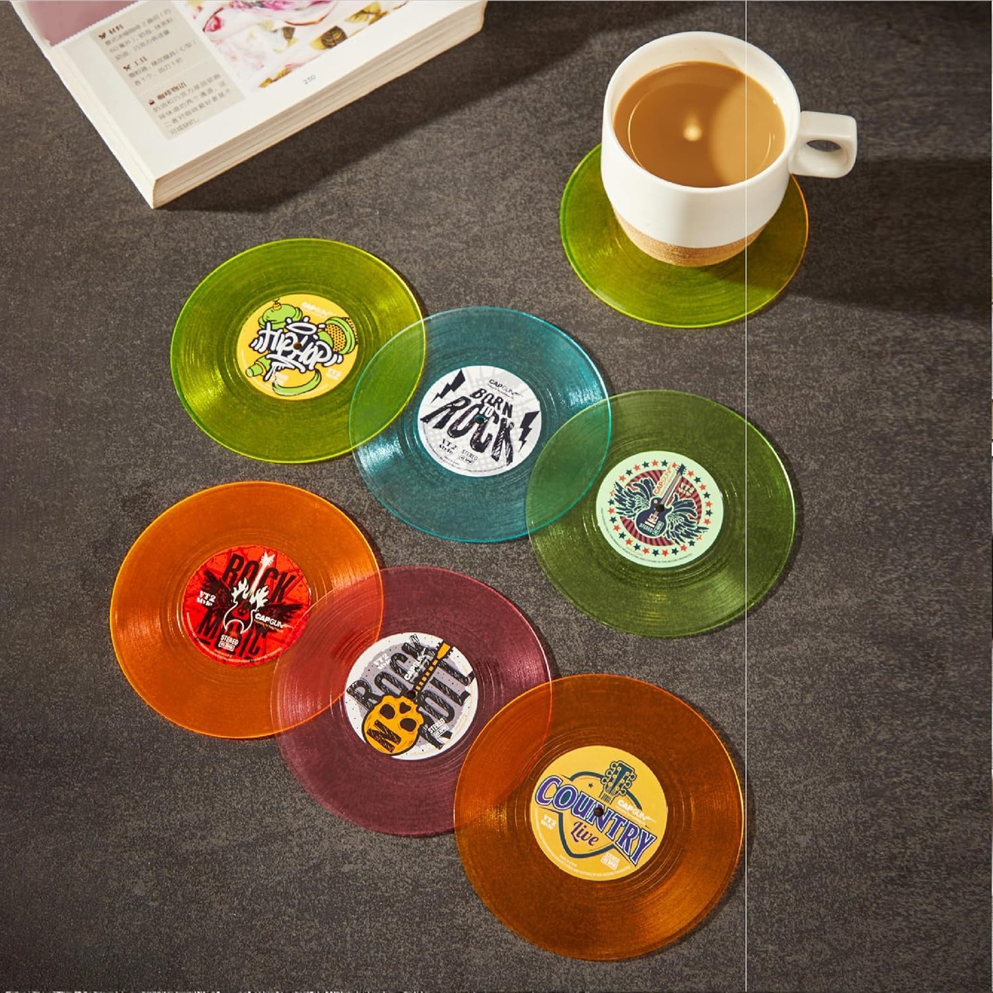 Funny Retro Vinyl Record Coasters, Creative Drink Coasters Set of 6 with Vinyl Record Player Holder for Music Lovers, Housewarming Hostess Gifts (6, V4)