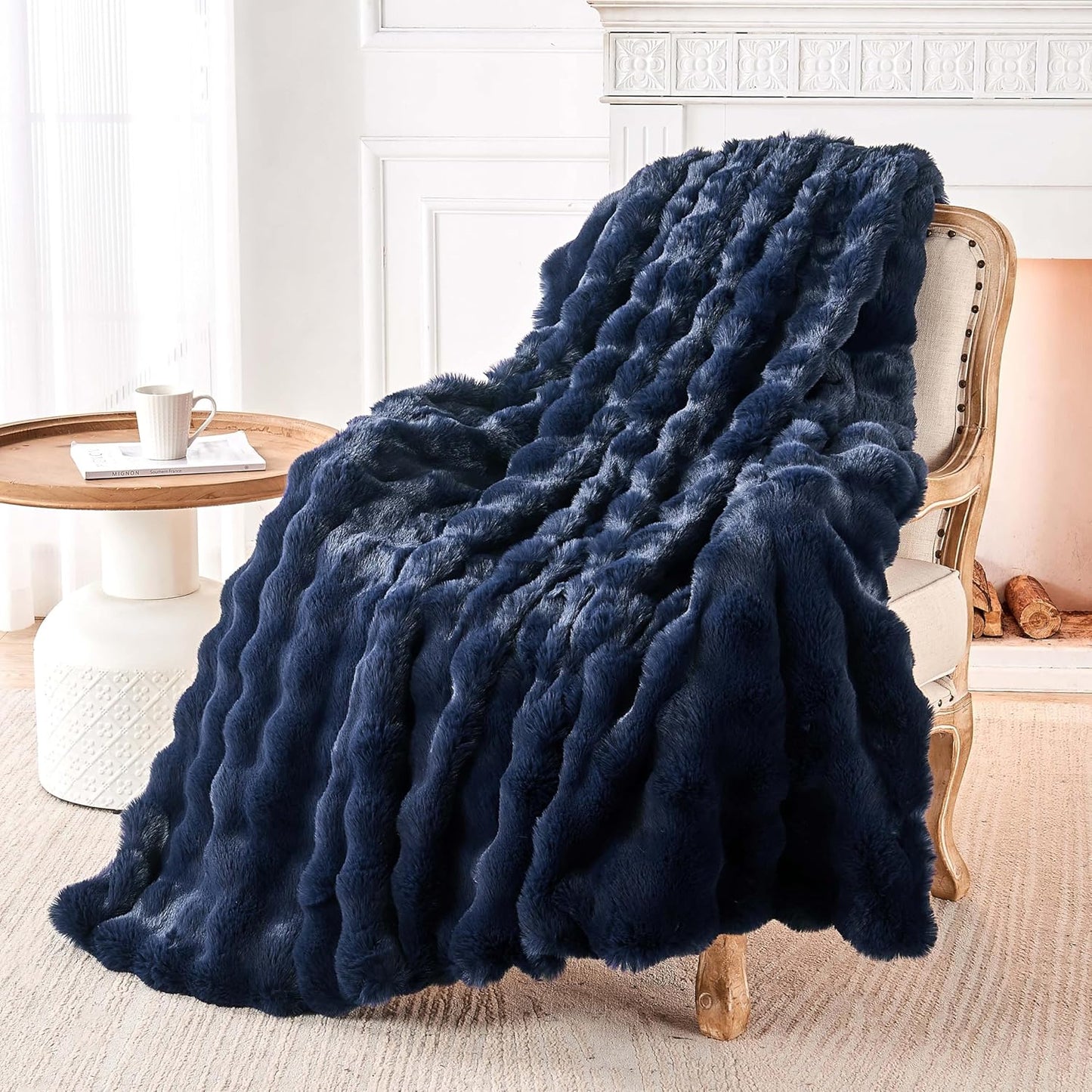 Luxury Faux Rabbit Fur Throw Blanket, Soft Bubble Fluffy Blanket Cozy Fuzzy Throw Blankets for Bed Sofa Couch, Decorative Thick Warm Plush Fuzzy Elegant Soft Mink Blanket (50" x 60", Blue)