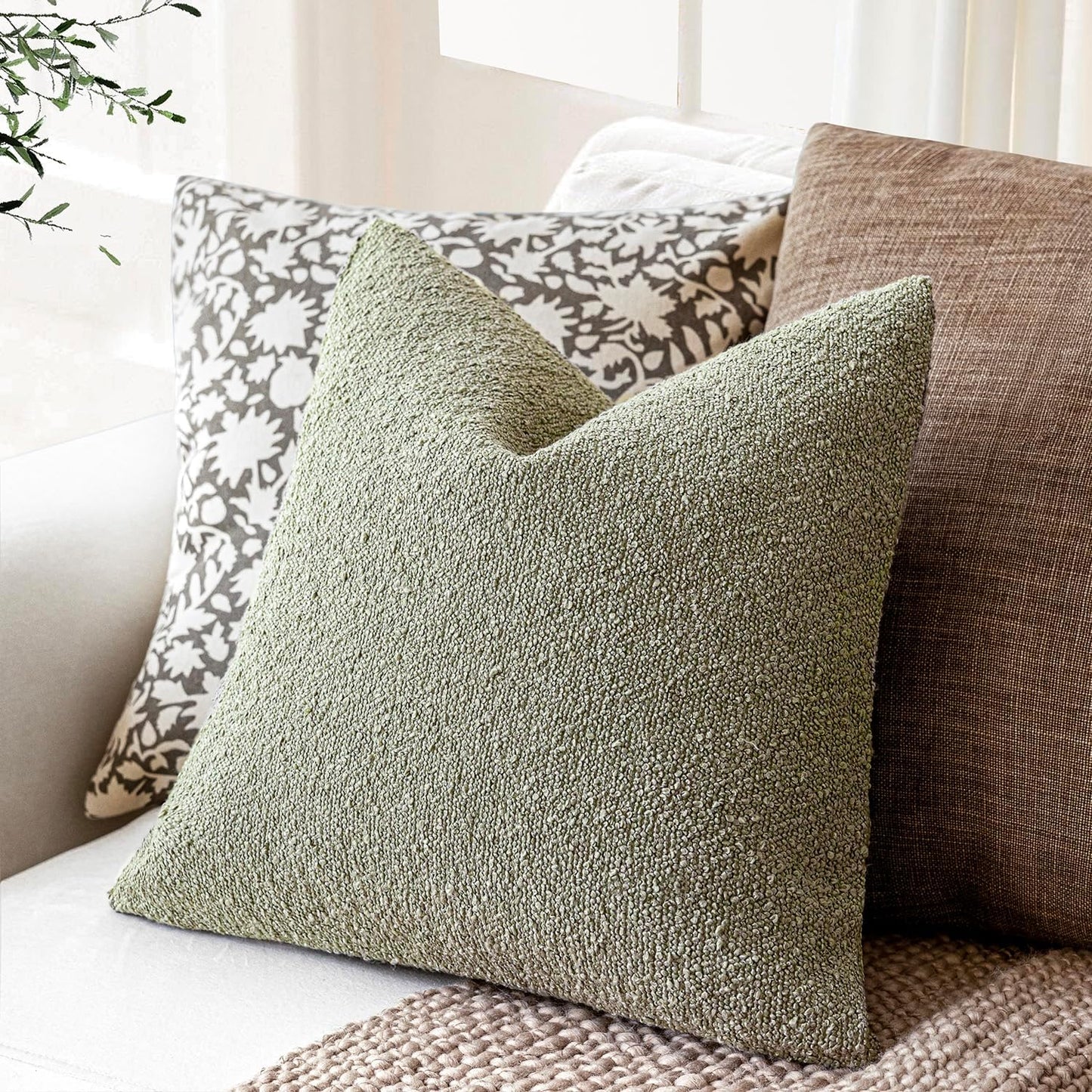 Foindtower Pack of 2 Textured Boucle Throw Pillow Covers Accent Solid Decorative Pillow Cases Cozy Woven Couch Cushion Case for Sofa Bedroom Living Room Home Decor 20x20 Inch Dirty Sage Green