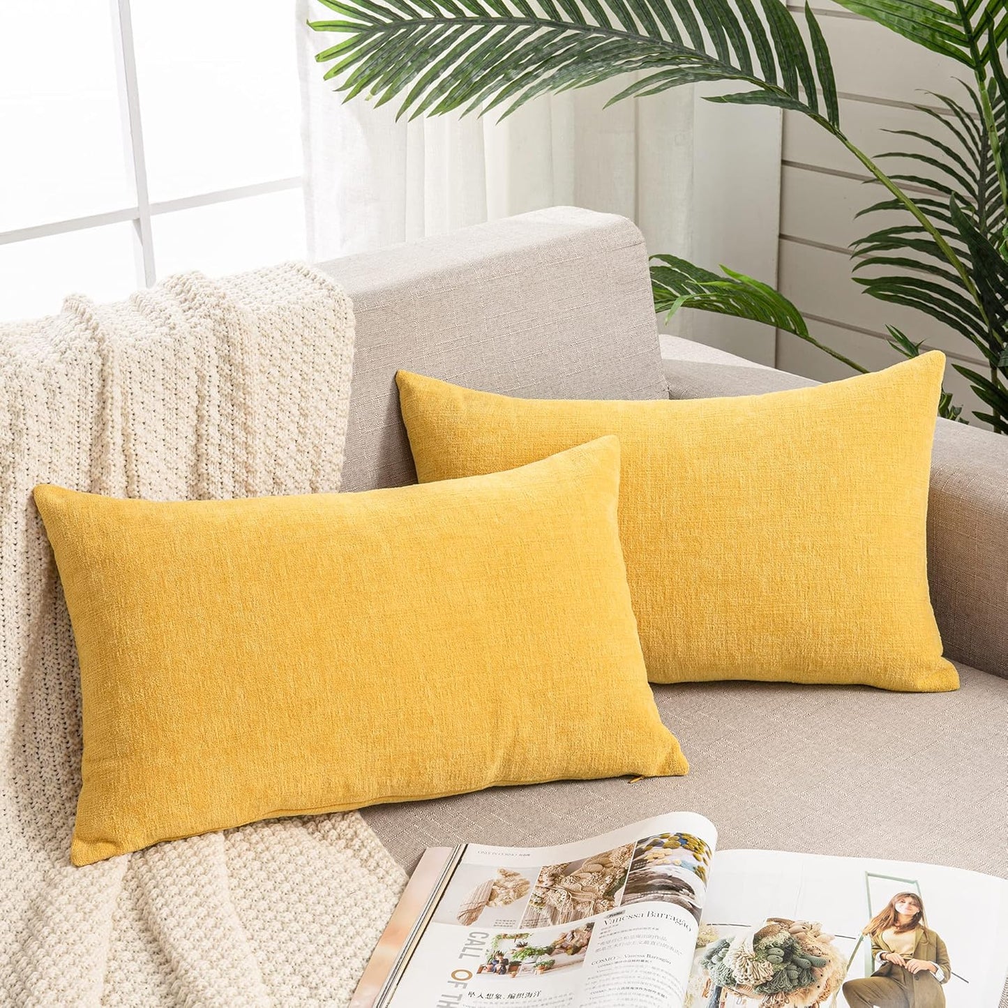 GAWAMAY Lumbar Pillow Cover Decorative Throw Pillow Covers 12"x20" Inch Set of 2, Super Soft Chenille Pillowcase for Living Room Bedroom Sofa Couch Cushion Cover Mustard Yellow 30x50cm (ONLY Covers)