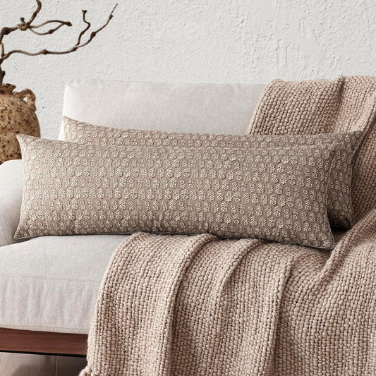 Foindtower Set of 2 Decorative Floral Body Lumbar Throw Pillow Covers Neutral Modern Farmhouse Cushion Covers Vintage Home Decor for Sofa Couch Chair Bedroom Living Room,14×36 Inch,Tan Taupe