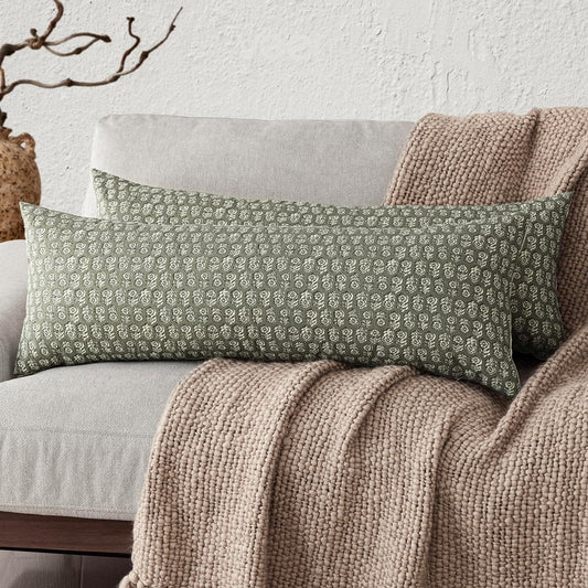 Foindtower Set of 2 Decorative Long Body Lumbar Throw Pillow Covers Neutral Modern Farmhouse Cushion Covers Vintage Home Decor for Sofa Couch Chair Bedroom Living Room,14×36 Inch,Sage Green