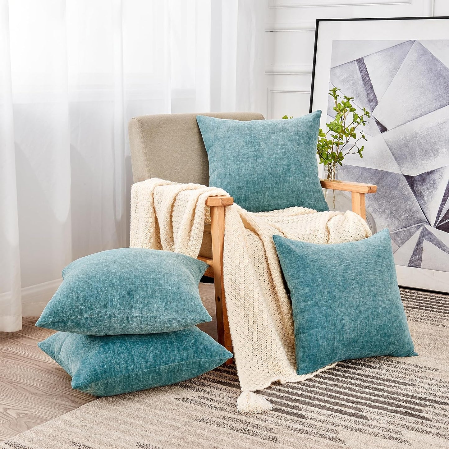 GAWAMAY Decorative Square Throw Pillow Covers 18"x18" Inch Set of 4, Super Soft Chenille Pillows Farmhouse Fall Pillowcase for Living Room Bedroom Sofa Couch Cushion Cover Smoke Blue 45x45cm