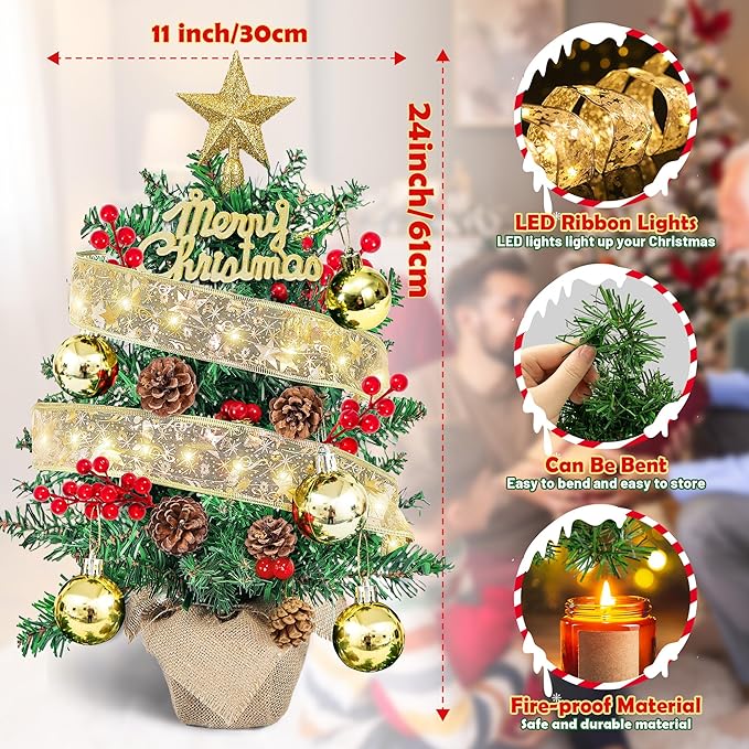 2FT Tabletop Mini Christmas Tree, 24 Inch Small Artificial Christmas Tree with Silk Ribbon Light, Star Treetop, DIY Ornaments, New Xmas Pine Tree Decoration for Kid Friend Family Holiday Home Office