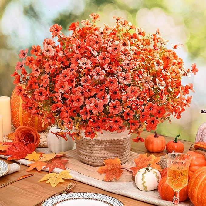 Waipfaru Fall Decor, Fake Mums, Flowers, UV Resistant Artificial Mums for Outdoors, 24 Bundles, Fall Flower Plants Artificial for Decoration Home Porch Thanksgiving,Light Red