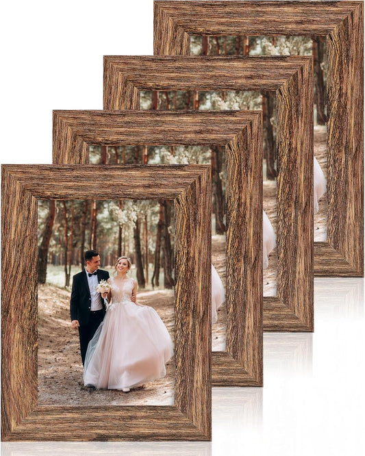 iRahmen 4x6 Picture Frame Set of 4, High Definition Glass Brown Frame, 4 x 6 Wood Rustic Photo Frames for Horizontal or Vertical Display Tabletop and Wall Mounting