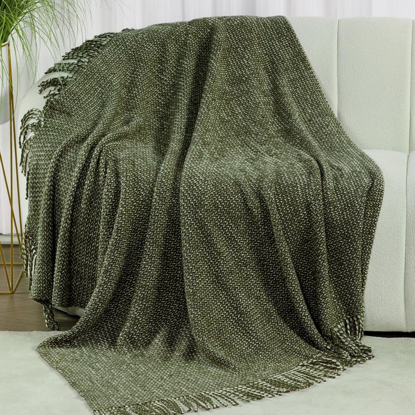 Blagic Knitted Throw Blanket for Couch, Soft Farmhouse Throw Blanket with Tassels,Home Decorative Lightweight Blankets,Spring Throws for Bed/Chair/Sofa,Wheat Textured (Green & White,50" W x 60" L)