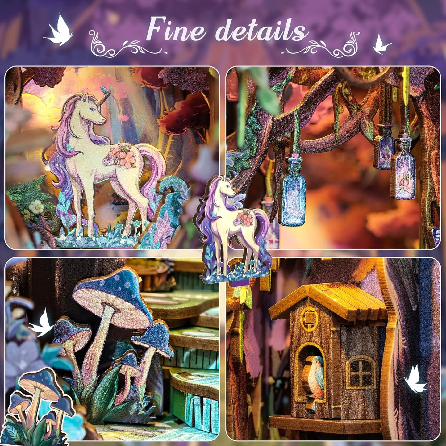 Cutefun Book Nook Kit, DIY Miniature Dollhouse Kit for Adults and Teens, 3D Wooden Puzzle Bookends, Bookshelf Insert Decor w/LED Light Dust Cover, Christmas Birthday Gifts (Forest Unicorn)