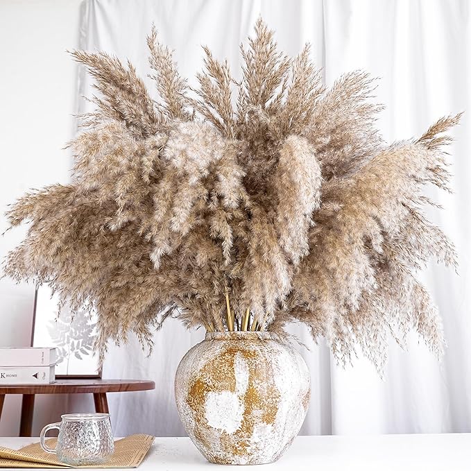 40 PCS Nature Pampas Grass Bouquet Decor - Boho Flowers and Feathers for Centerpieces, Perfect for Floor Vase Fillers, Home Decor, Living Room, and Wedding Decor