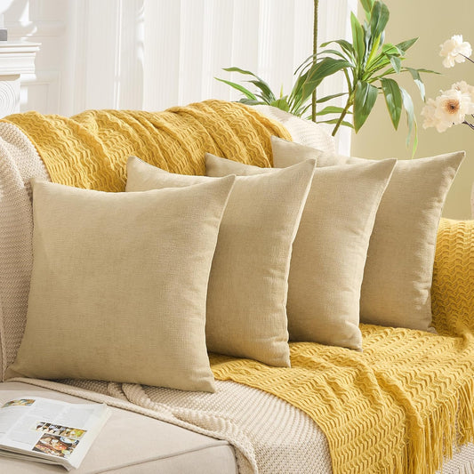 GAWAMAY Decorative Square Throw Pillow Covers 18x18 Inch Set of 4, Super Soft Chenille Pillows Cover Fall Pillowcase for Living Room Bedroom Sofa Couch Cushion Cover Khaki 45x45cm (No Insert)