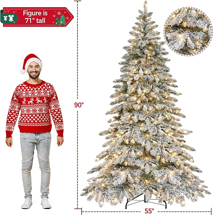 Yaheetech 7.5ft Pre-Lit Artificial Christmas Tree with 550 Warm White LED Lights & 1278 PVC Tips,Hinged Snow Flocked Xmas Tree with Foldable Stand & Protective Foot Caps,Green & White